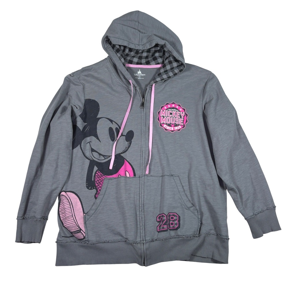 Disney Parks Mickey Mouse Gray Pink Plaid Lined Full Zip Hoodie Womens 1X